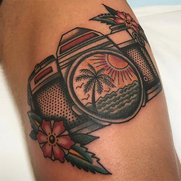 Analog camera / tropical island Tattoo by Sonny Joe | Traditional style -  