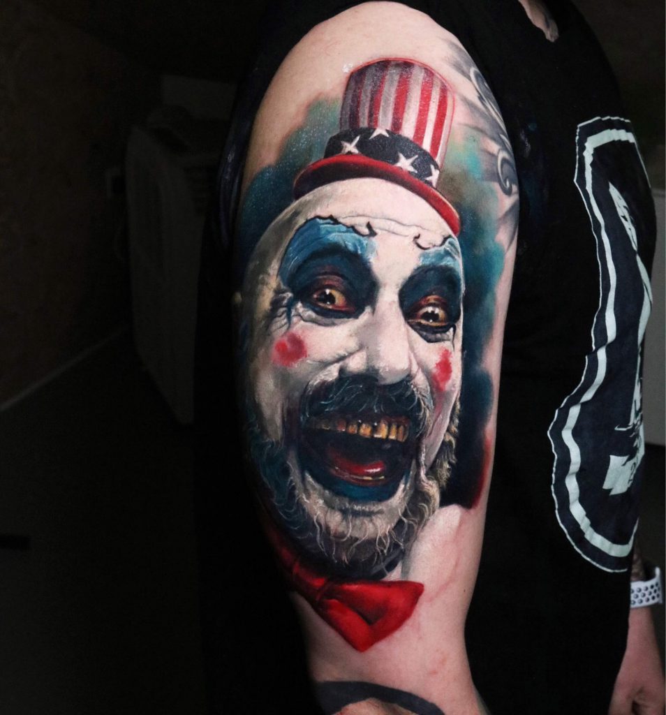 Start to my horror leg sleeve Captian Spaulding by Kevin Boudreau   Cardinal Tattoo Newington CT  rtattoos