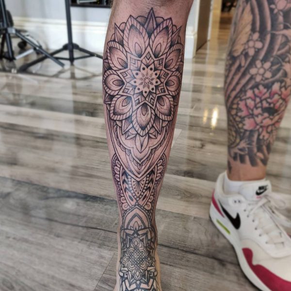 Beyond The Illusion Tattoo on Instagram Some nice shiny shin ornamental  work by tattoosbydinno ornamentaltattoo dotwork butterflytattoo mandala  geometric