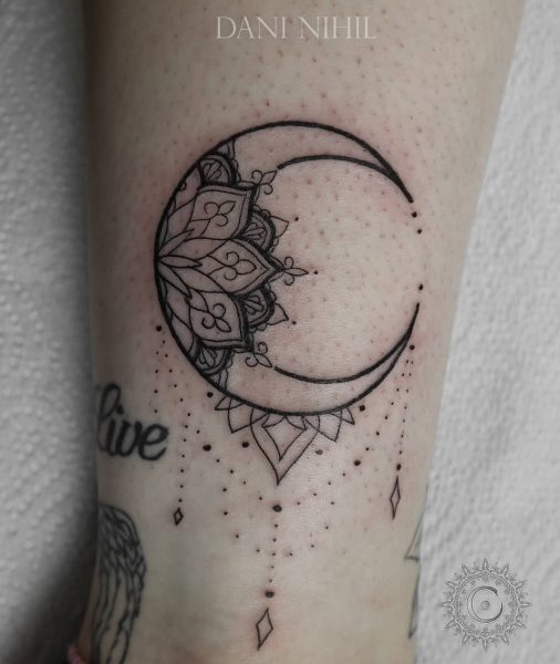 fine line Crescent moon mandala tattoo on wrist